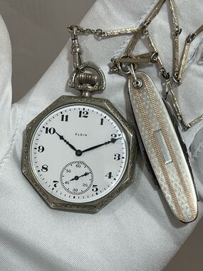 Elgin White Gold Filled Art Deco Pocket Watch and Knife 17-Jewel’s 1919-1923